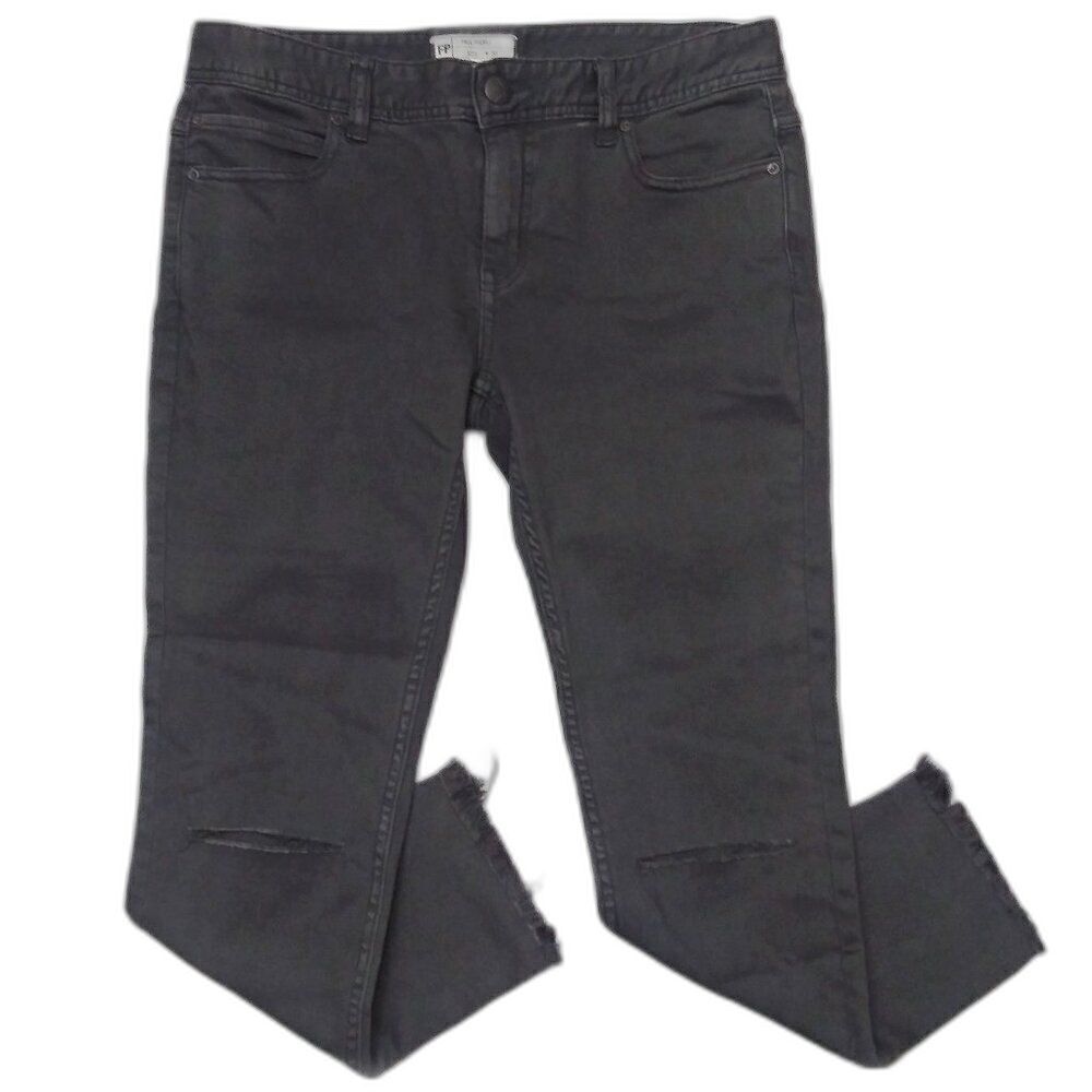 FREE‎ PEOPLE Skinny Ankle Jeans Distressed Curved Frayed Hem Black Graphite 30